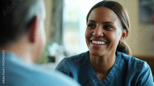 Obraz na płótnie Social worker shares a hopeful smile during a close up conversation with a recovering addict in a support center w salonie