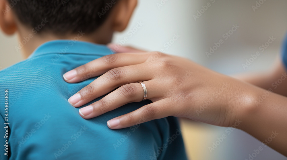 Social workers hand gently rests on a childs shoulder during a close up moment of reassurance and emotional support