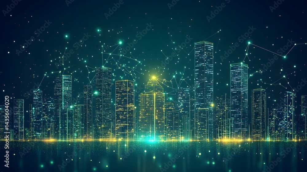 Obraz premium Futuristic cityscape at night, alive with light and interconnected networks. Reflective surfaces amplify the dynamic energy. A digital dreamscape of teal and gold. Abstract wireframe in dark blue.