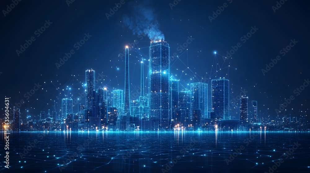 Futuristic metropolis at night, glowing blue skyscrapers reflected in water. A networked digital cityscape with interconnected designs and smoke. Abstract wireframe in dark blue Futuristic metropolis at night, glowing blue skyscrapers reflected in water. A networked digital cityscape with interconnected designs and smoke. Abstract wireframe in dark blue