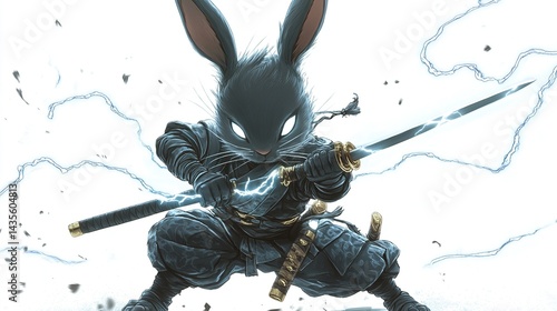 A fierce rabbit ninja wielding a lightning-charged katana.