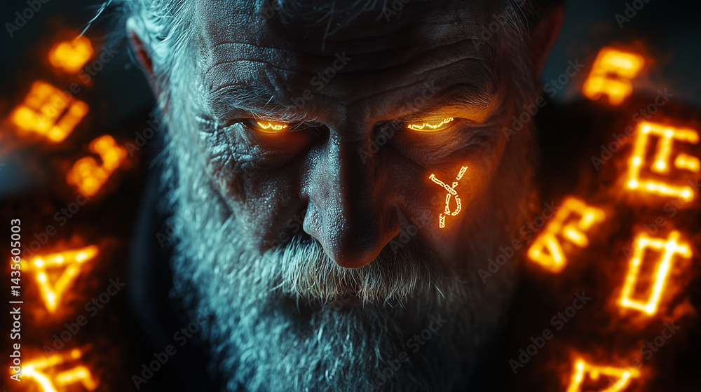 The wise face of Bragi the skaldic god illuminated by glowing runes surrounding him