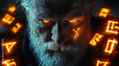 Obraz na płótnie The wise face of Bragi the skaldic god illuminated by glowing runes surrounding him w salonie