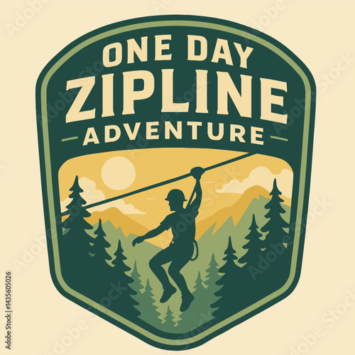 Person Ziplining Through Forest Adventure in Retro Badge Design