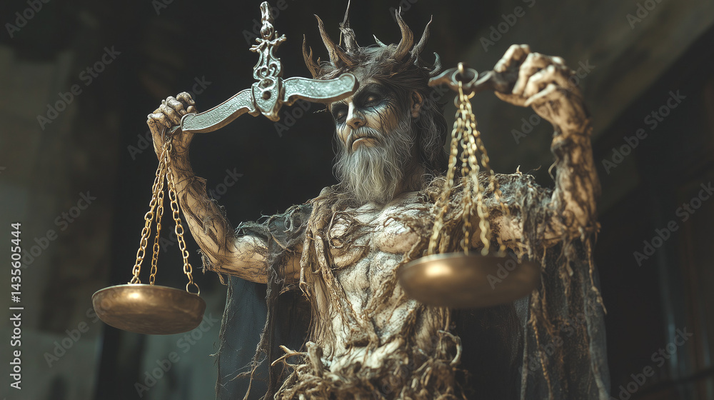 Twilight god balancing scales of life and death.