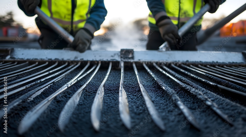 Two workers in neon vests guide hot asphalt into place with large steel rakes