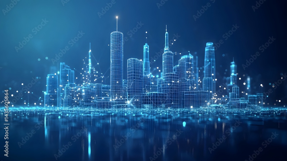 Fototapeta premium Futuristic city rendered in wireframe style, buildings interconnected grids, glowing blue. White dots symbolize data networks. Reflective waterfront adds depth. Abstract wireframe in dark blue.