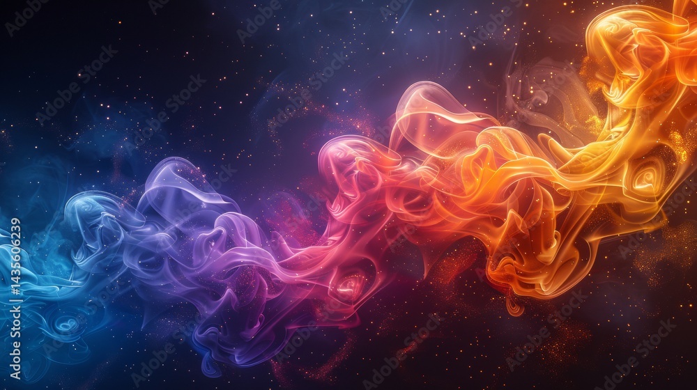 Obraz premium Full rainbow color smoke trail winding horizontally through the middle of the composition, glowing intensely against the black background and forming delicate spirals. Vibrant motion concept