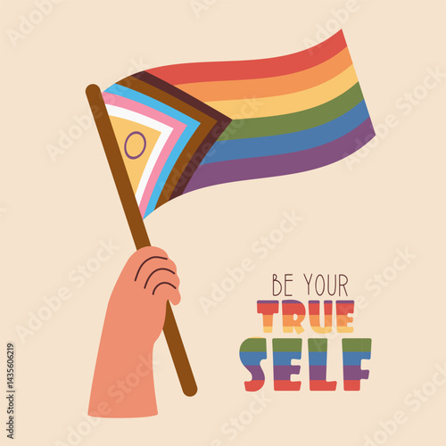 Hand with Progress Pride Flag. LGBT rainbow symbol. LGBTQ community. Holiday Card Pride month. Vector illustration.