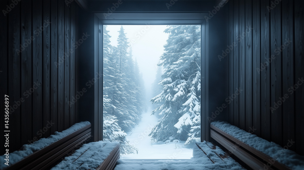 View from inside a Finnish sauna looking through a small foggy window onto snow-covered trees
