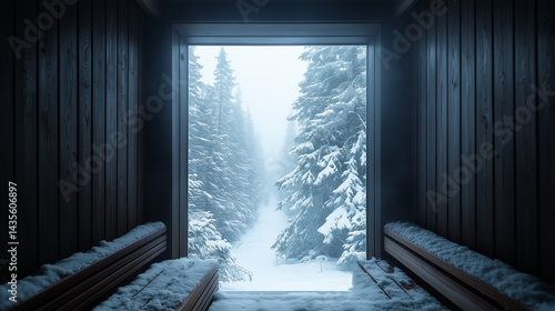 Obraz na płótnie View from inside a Finnish sauna looking through a small foggy window onto snow-covered trees w salonie