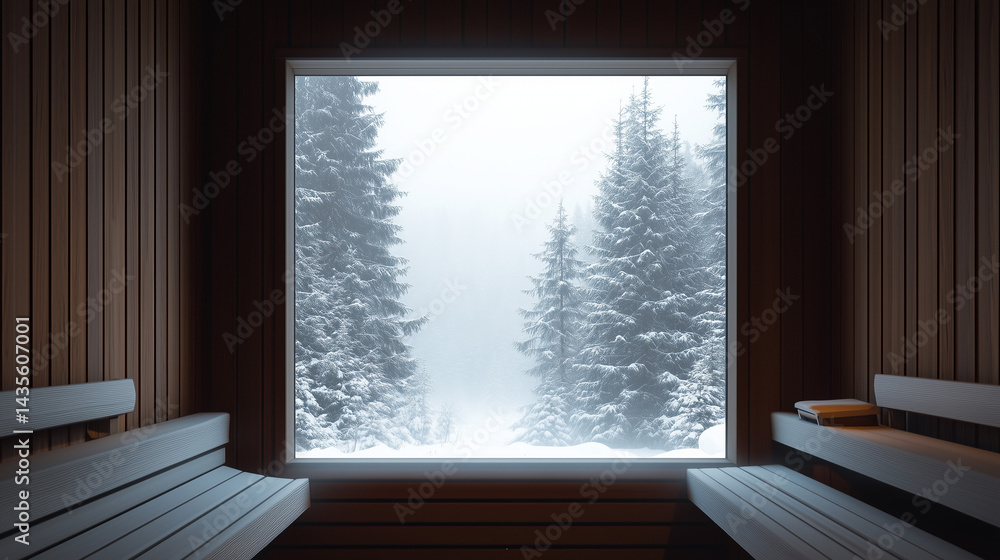 View from inside a Finnish sauna looking through a small foggy window onto snow-covered trees