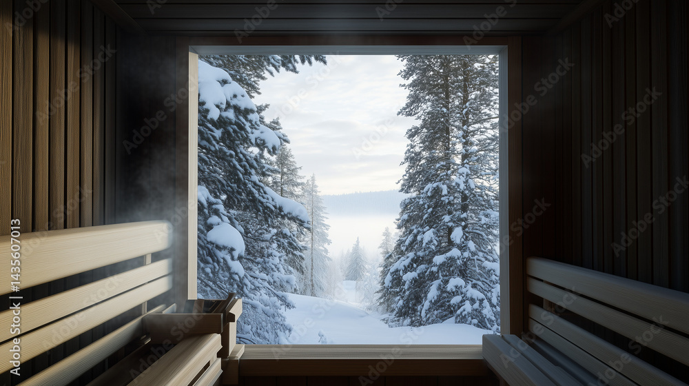 View from inside a Finnish sauna looking through a small foggy window onto snow-covered trees