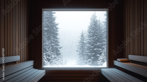 Obraz na płótnie View from inside a Finnish sauna looking through a small foggy window onto snow-covered trees w salonie