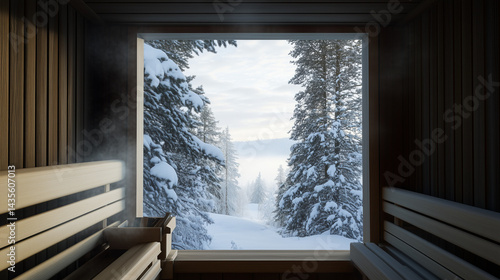 Obraz na płótnie View from inside a Finnish sauna looking through a small foggy window onto snow-covered trees w salonie