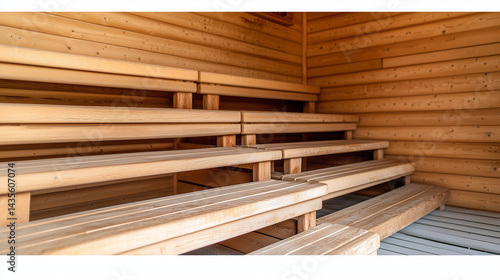 Obraz na płótnie Wooden benches arranged in tiers along the walls of a Finnish sauna w salonie