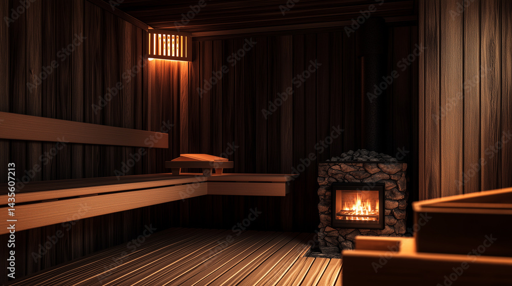 Wooden interior of a traditional Finnish sauna with a stone stove in the corner dimly lit