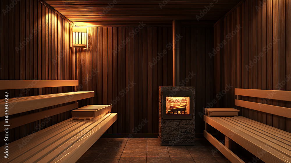 Wooden interior of a traditional Finnish sauna with a stone stove in the corner dimly lit
