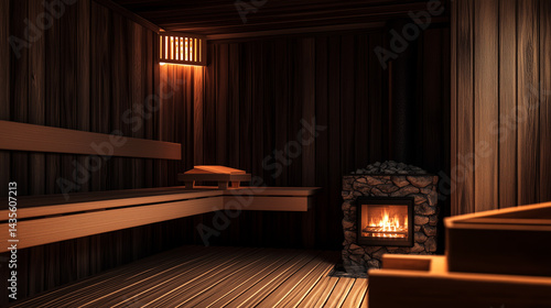 Obraz na płótnie Wooden interior of a traditional Finnish sauna with a stone stove in the corner dimly lit w salonie