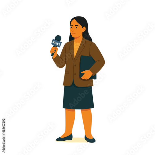 Flat style female news reporter with microphone and folder – vector illustration for journalism, live reporting, and media jobs