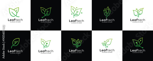 Green leaf ecology icon set logo design set collection, Innovative digital technology concept business
