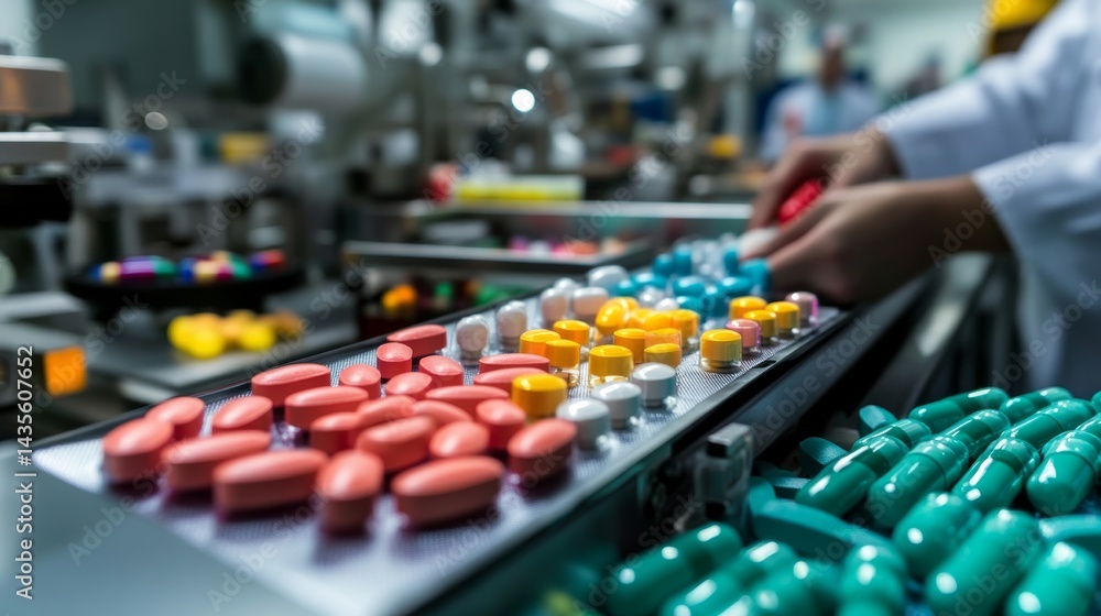 Medical factory workers ensuring proper labeling and safety seals on pharmaceutical packaging, Medical factory workers ensuring proper labeling and safety seals on pharmaceutical packaging,