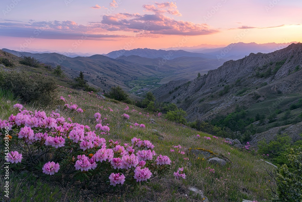 Fototapeta premium Pink rhododendron flowers on the mountain slope against the background of a beautiful purple sunset and mountains, a colorful landscape. 