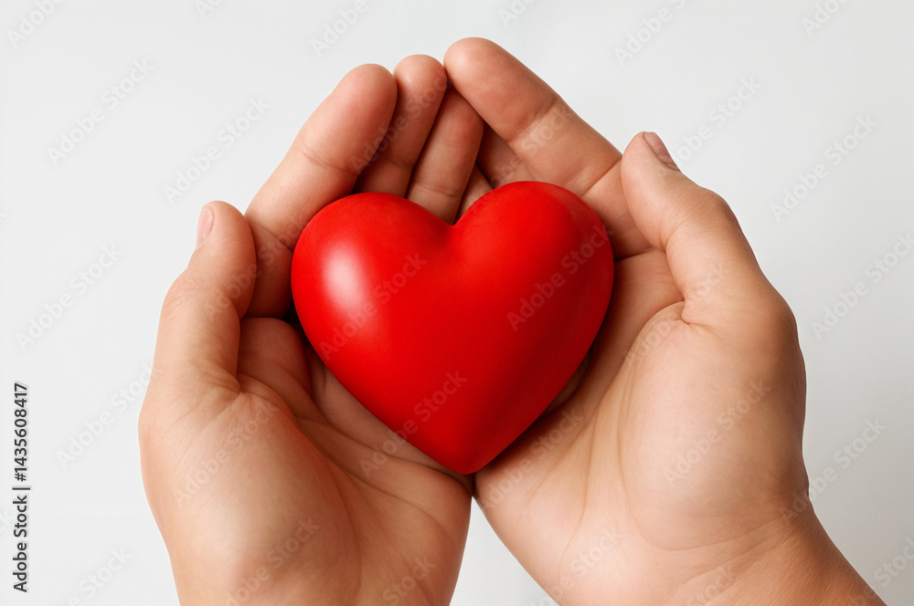 Two hands cradle a red heart. Suitable for love, care, valentines day, relationships, charity, health, medical concepts, giving. Two hands cradle a red heart. Suitable for love, care, valentines day, relationships, charity, health, medical concepts, giving.