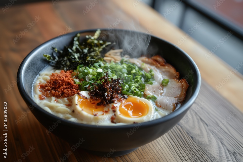 Steaming Bowl of Ramen: A delectable bowl of ramen, brimming with savory broth, tender pork slices, soft boiled eggs, fresh scallions, seaweed, and chili flakes. Steaming Bowl of Ramen: A delectable bowl of ramen, brimming with savory broth, tender pork slices, soft boiled eggs, fresh scallions, seaweed, and chili flakes.