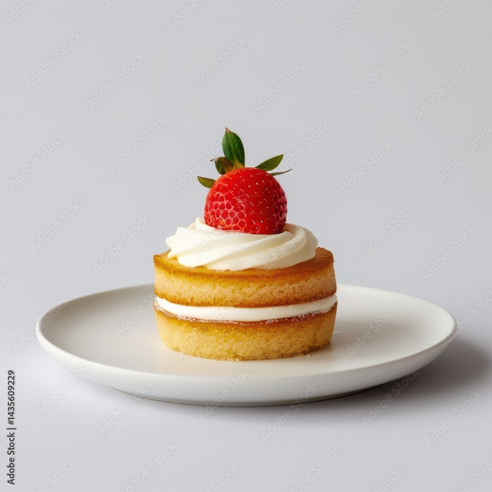 Small, layered cake topped with whipped cream and a strawberry. Small, layered cake topped with whipped cream and a strawberry.