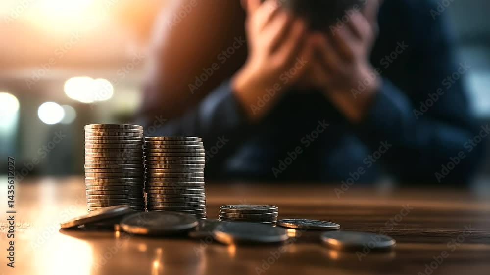 A stack of coins in the foreground reflecting soft light, while a man in the background, head in hands, struggles with financial burdens. A stack of coins in the foreground reflecting soft light, while a man in the background, head in hands, struggles with financial burdens.