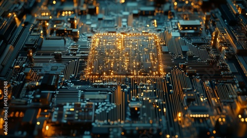 Wallpaper Mural Abstract circuit board technology background golden lines digital network 3d dark blue data chip grid Torontodigital.ca