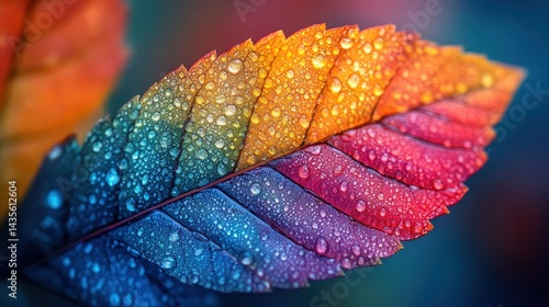 A vibrant leaf displaying a stunning gradient of colors accentuated by glistening water droplets, creating a mesmerizing natural artwork full of life and beauty.