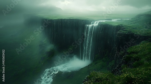 Misty waterfall landscape green nature scenery cliff edge tranquil scenic beauty fantasy artwork
