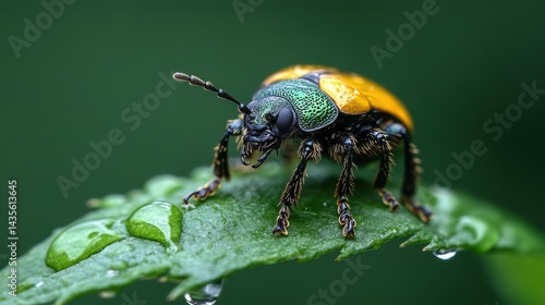 Wallpaper Mural A stunning close-up of a vibrant beetle perched on a green leaf, showcasing its intricate details and bright colors, highlighting the beauty of nature's small wonders. Torontodigital.ca