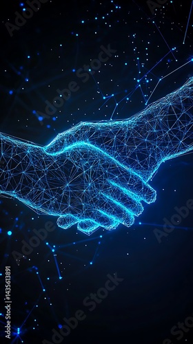 Digital handshake with glowing blue network lines symbolizing technology connection partnership and innovation
