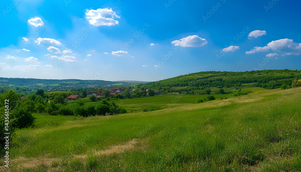 Fototapeta premium Green Land, Blue Sky, Summer Sunny Day Background, Wide View Of Lawn Hill and Blue Sky