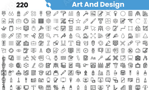A diverse collection of monochrome icons representing various art and design tools, from paintbrushes to digital graphics elements, perfect for creative projects.