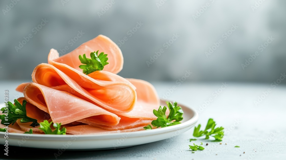 This image features elegantly arranged slices of ham on a white plate, garnished with fresh parsley against a soft, neutral background that enhances its appealing look. This image features elegantly arranged slices of ham on a white plate, garnished with fresh parsley against a soft, neutral background that enhances its appealing look.