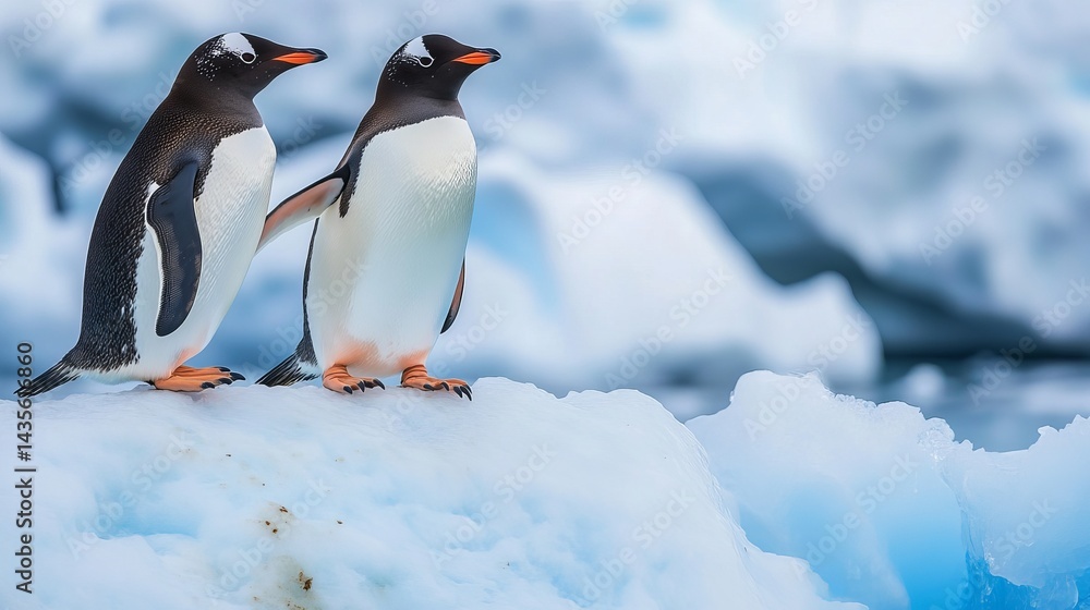 Obraz premium Two Gentoo Penguins stand on an Antarctic iceberg in snowy landscape