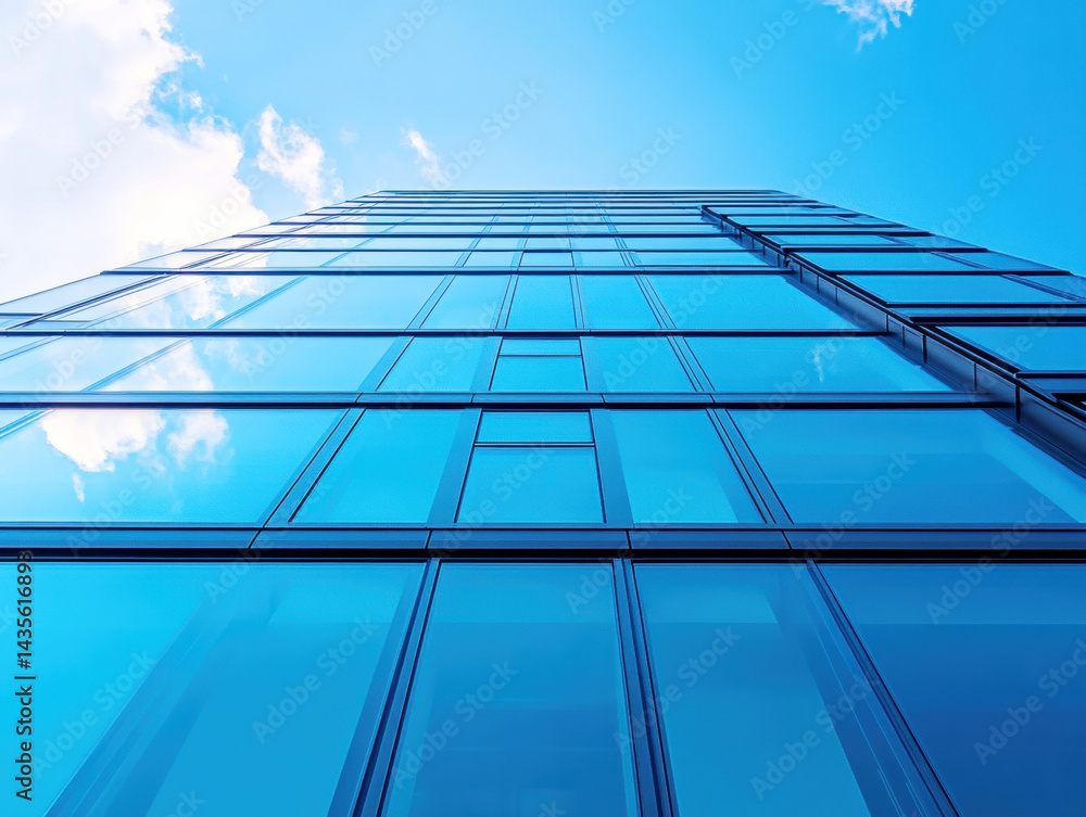 Obraz premium Modern glass building stretching towards clear blue sky