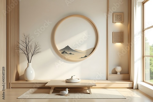 Minimalist Japanese Room: Round Wall Art Featuring Mountain Landscape, Tea Set, and Clean Lines in Light Wood & White Decor                           