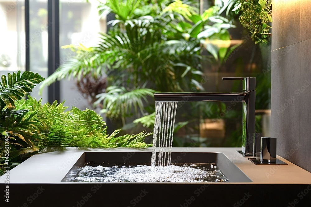 Fototapeta premium Water cascading from a sleek, modern faucet into a square basin, creating a serene oasis in a bathroom enriched with vibrant green plants and contemporary design elements