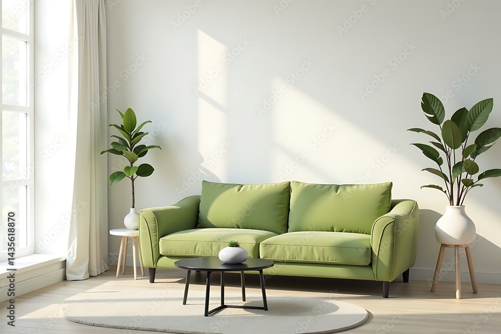 Fototapeta premium Lime Green Sofa in Bright Living Room with Natural Light and Plants 