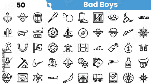 A diverse collection of playful icons depicting 'bad boys' themes, including pirates, outlaws, and adventure symbols. Perfect for creative projects and designs.