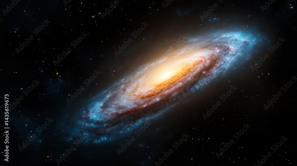Fototapeta premium A serene image of a spiral galaxy illuminated with gentle hues, emphasizing the tranquility and beauty of the cosmos in this calming cosmic portrait.