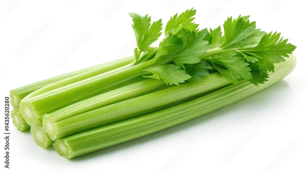 Fresh and vibrant green celery stalks with lush leaves on white background