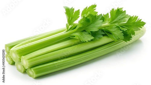 Fresh and vibrant green celery stalks with lush leaves on white background