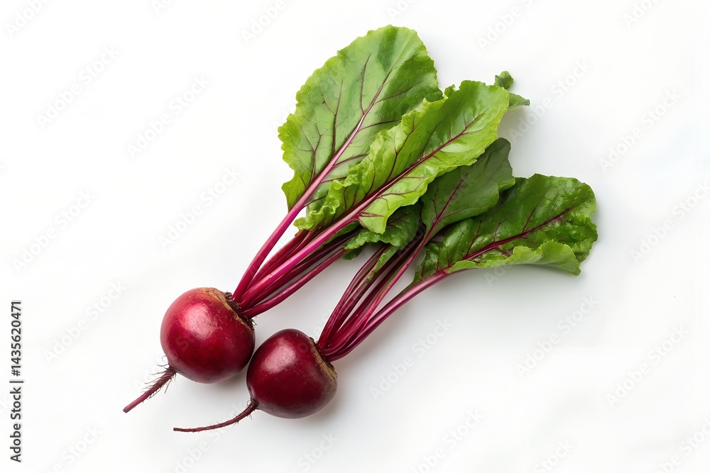 Fresh beetroot with leafy green tops on a white background.