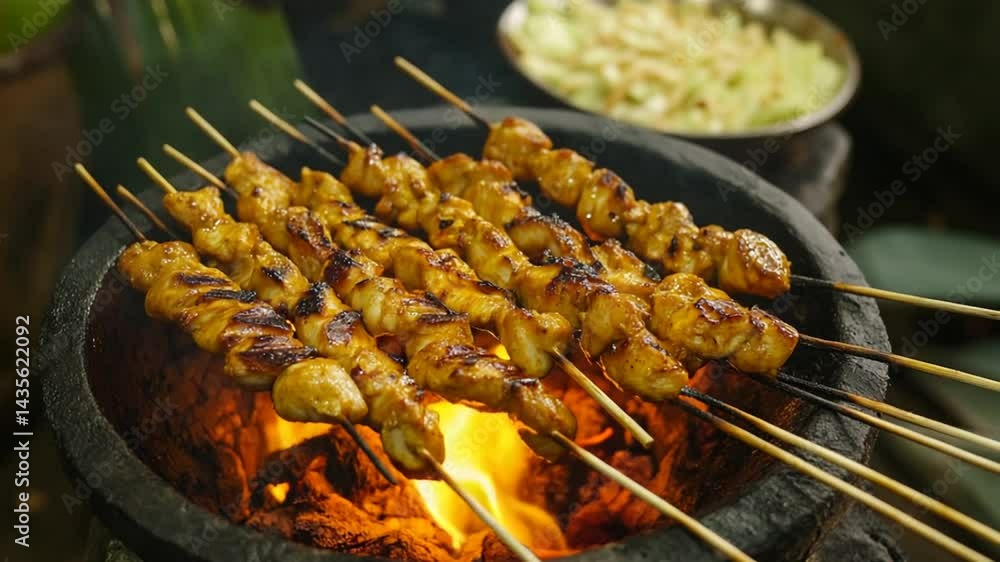 Delicious Chicken Satay Grilling on Charcoal Fire Delicious Chicken Satay Grilling on Charcoal Fire